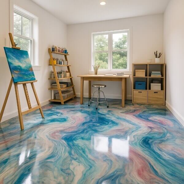 Artistic studio space showcasing polished multicolour art studio epoxy flooring in Perth designed for creative workspaces by Epoxy Flooring Guys Perth.