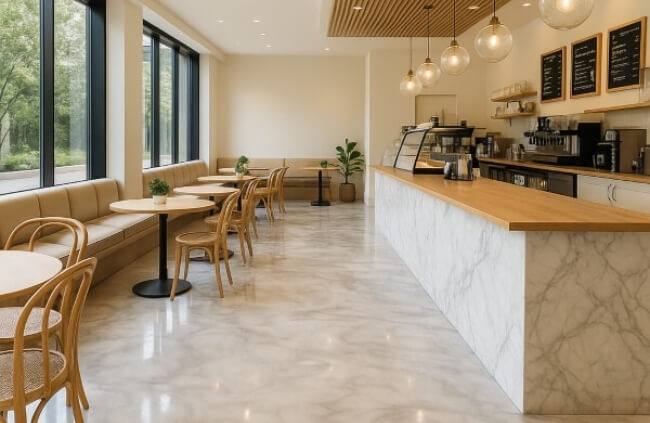 Commercial epoxy flooring used in a bright modern café interior installed by Epoxy Flooring Guys Perth.