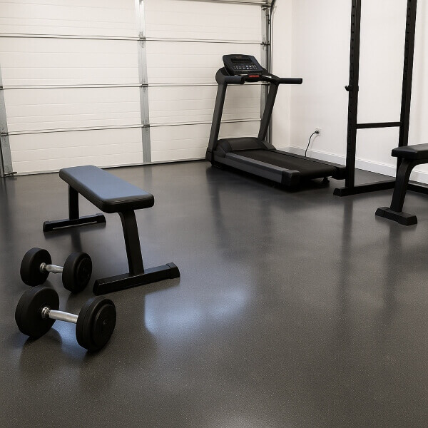 Home gym epoxy offering a non slip, heavy duty and easy to maintain surface flooring by Epoxy Flooring Guys Perth.