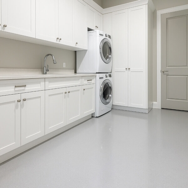 Laundry room epoxy flooring with a waterproof, non slip surface for safe and easy cleaning by Epoxy Flooring Guys Perth.