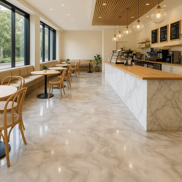 Marble-look commercial epoxy flooring used in a bright modern café interior installed by Epoxy Flooring Guys Perth.