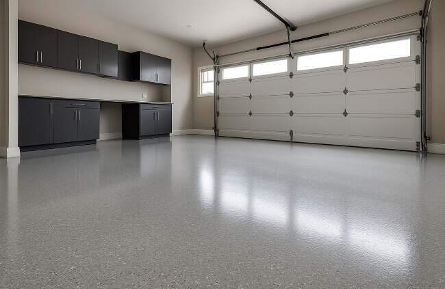 Modern garage interior featuring smooth epoxy garage flooring in Perth offering a bright, durable, and low-maintenance finish by Epoxy Flooring Guys Perth.