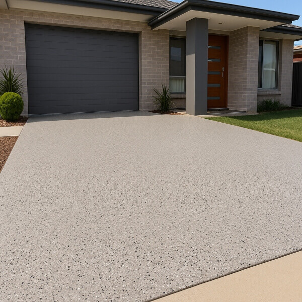 Modern home with light grey flake epoxy driveway coating showing a clean, durable and low maintenance surface by Epoxy Flooring Guys Perth.