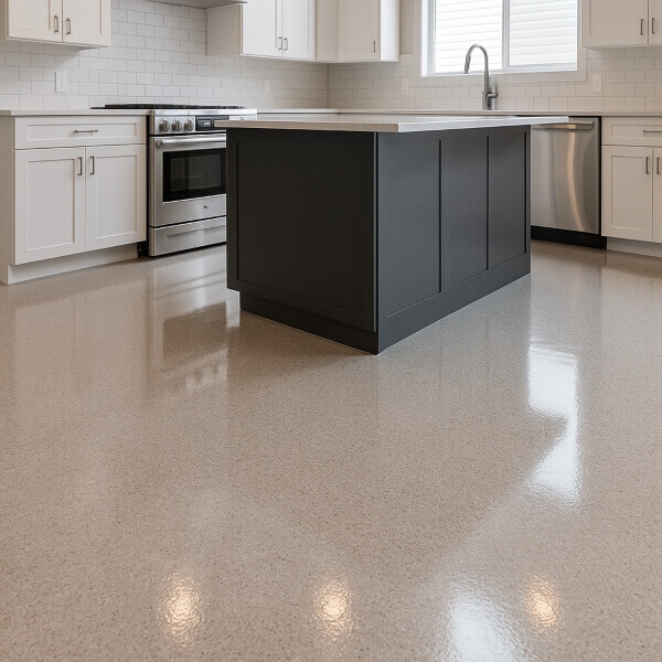Modern kitchen epoxy floor providing a smooth, hygienic and easy to clean surface by Epoxy Flooring Guys Perth.