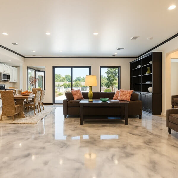 Modern living and dining area with residential epoxy flooring featuring a marble look finish that’s durable, stylish and easy to clean by Epoxy Flooring Guys Perth.