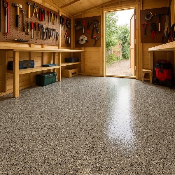 Non slip tool shed epoxy flooring in Perth built to handle heavy use spills and daily wear by Epoxy Flooring Guys Perth.