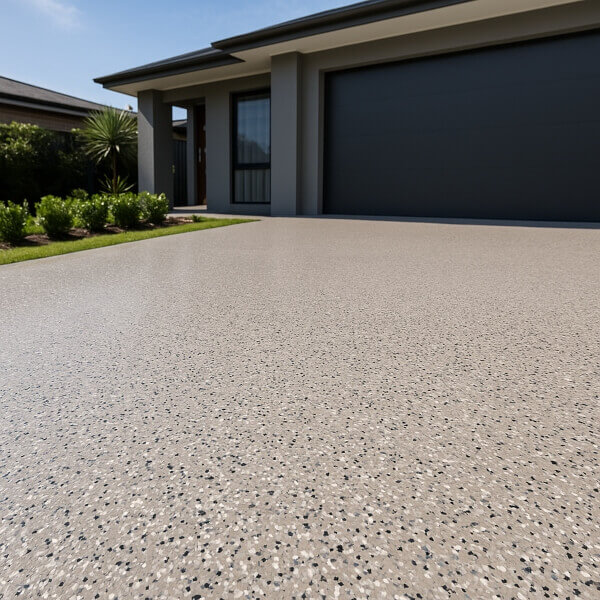 Textured flake epoxy driveway finish offering strong heat and oil resistance for long term durability by Epoxy Flooring Guys Perth.
