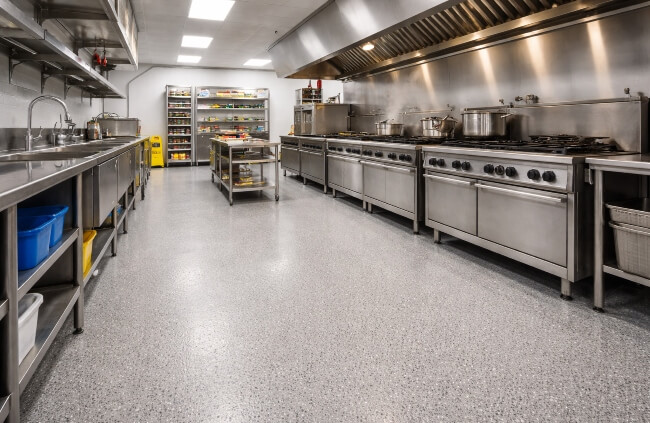 Commercial kitchen epoxy flooring in Perth showing a clean, non-slip epoxy floor running through a large commercial cook line.