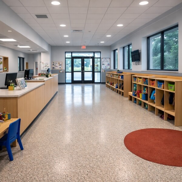 Epoxy flooring for childcare centres Perth entry area with non-slip, easy-clean epoxy floor by Epoxy Flooring Guys Perth.